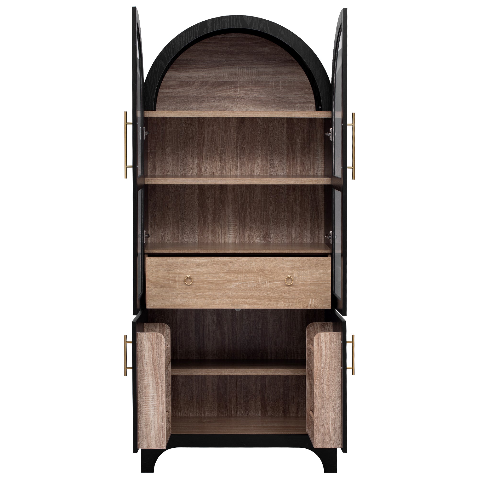 K&K 71' Tall Arched Kitchen Pantry Cabinet with Door Shelves, Farmhouse Kitchen Storage Cabinet with Open & Adjustable Shelves, Hidden Drawer & Glass Door, Cupboard for Kitchen, Dining Room, Black - Grand Goldman Shop