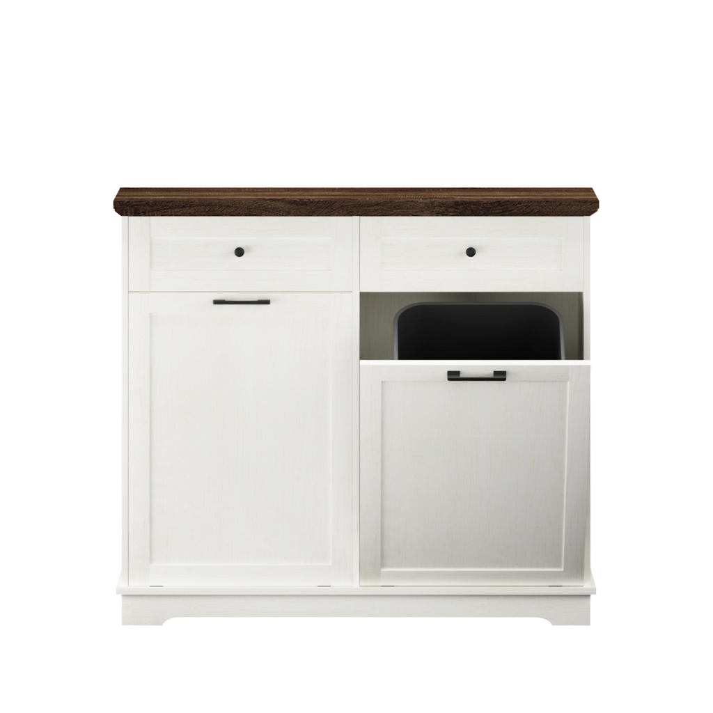 20 Gallon Tilt Out Trash Cabinet Freestanding Trash Bin Cabinet Wood Garbage Recycling Cabinet with Drawer Pet Proof Trash Can Holder for Kitchen Living Room, Antique White (Not include trash can) - Grand Goldman Shop