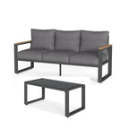 Modernes 2-teiliges Outdoor-Sofa-Set mit 75' Aluminiumrahmen, grauen Kissen & 44' Couchtisch aus Glas in Schwarz+Grau