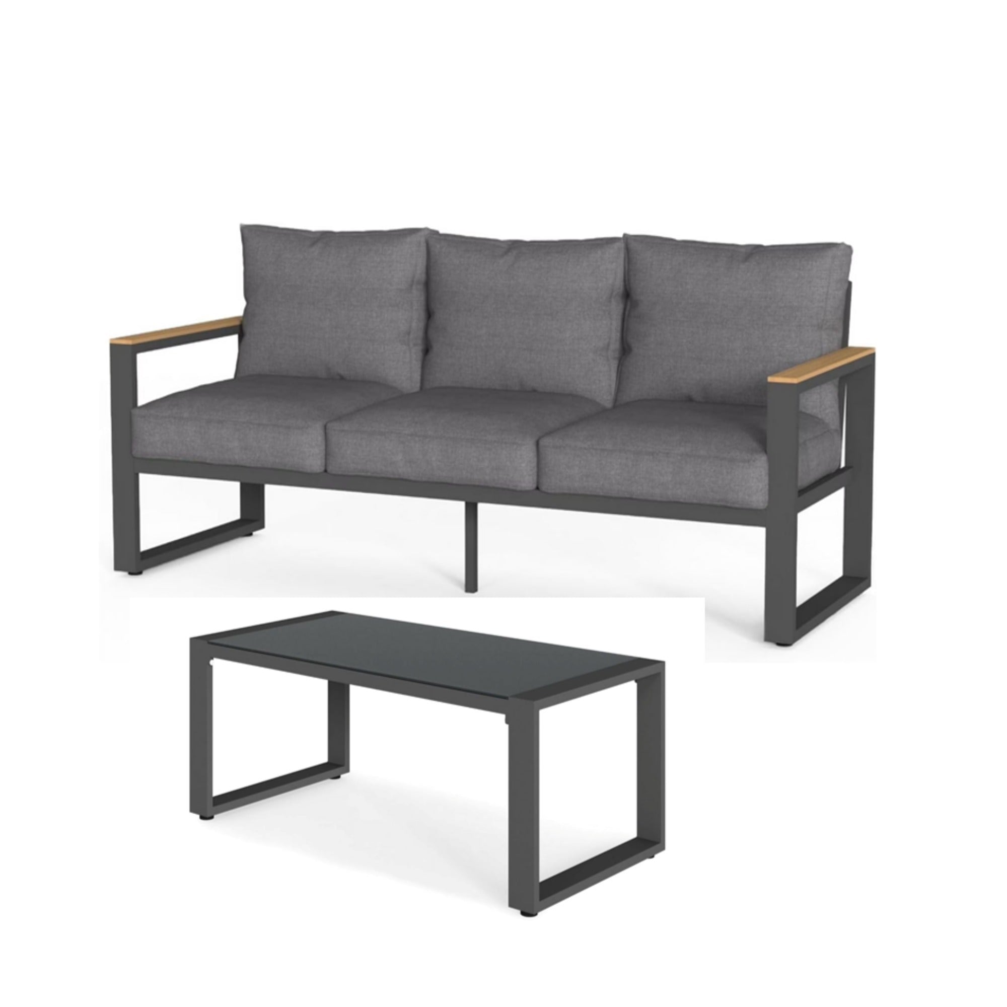 Modernes 2-teiliges Outdoor-Sofa-Set mit 75' Aluminiumrahmen, grauen Kissen & 44' Couchtisch aus Glas in Schwarz+Grau