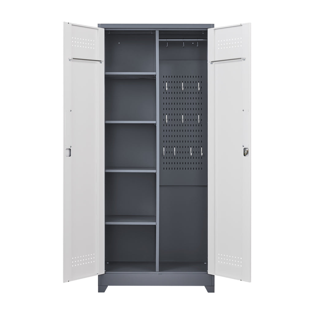 Gray Metal Lockers with Locking Doors, Adjustable Shelves, High Broom Tool Storage Cabinet, 72-Inch Kitchen, Office, Shop Org