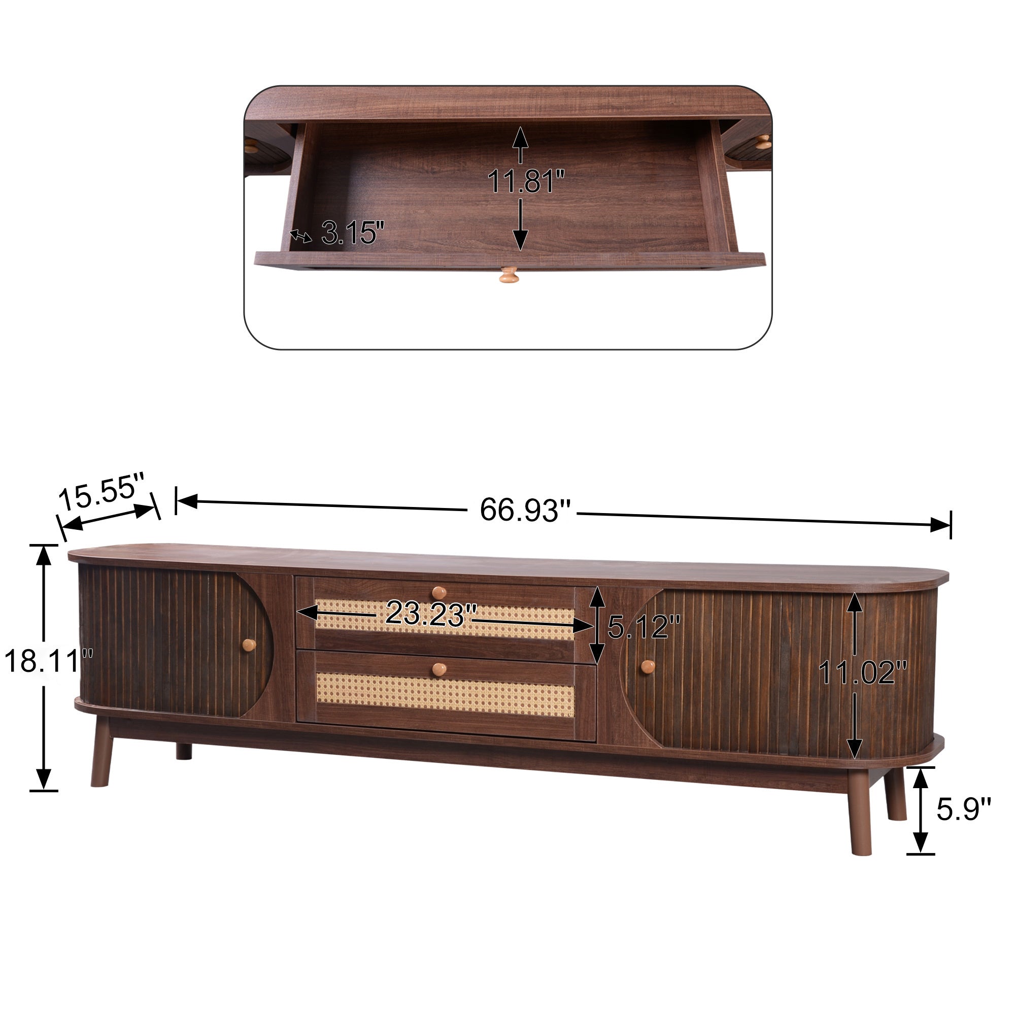 Modern Farmhouse Rattan TV Stand for TVs up to 75'', Natural Wood and Brown Solid Wood Legs, MDF Cabinet with Rattan Drawers and Sliding Doors, 66.93'' L Living Room Entertainment Console - Grand Goldman Shop