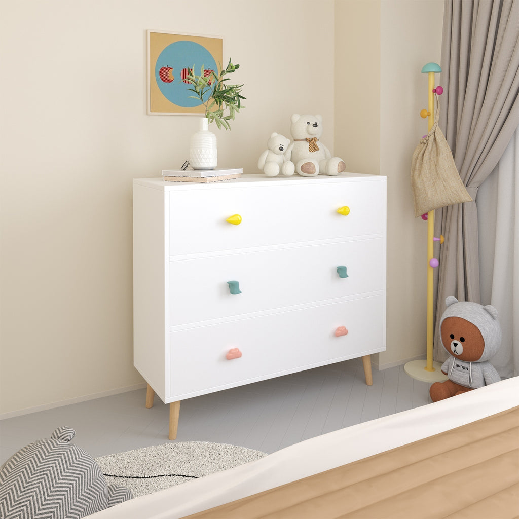Kids 3 Drawer Dresser, White Nursery Storage Cabinet with Anti-Tip Safety Feature, Solid Wood and MDF Construction, Compact D