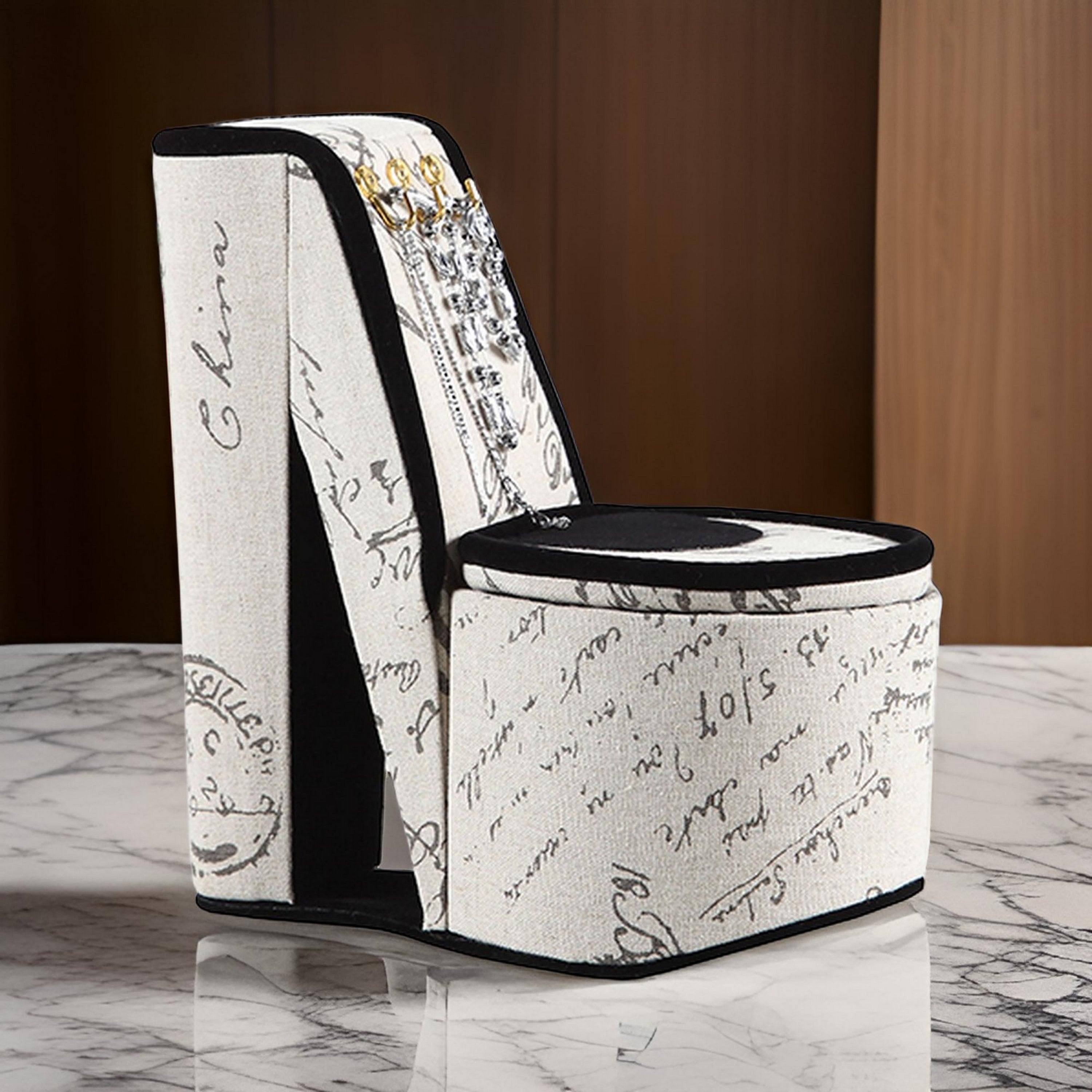 High Heel Script Shoe Jewelry Box with 3 Hooks, Beige and Black - Grand Goldman Shop