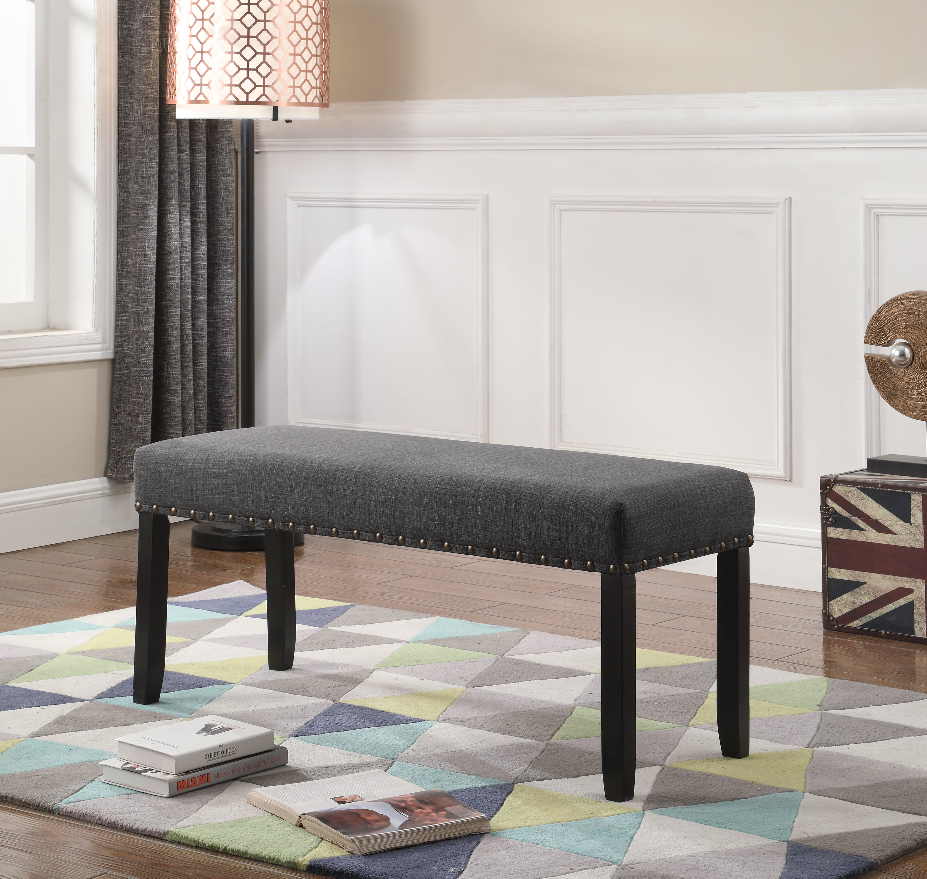 Biony Fabric Dining Bench with Nailhead Trim, Grey - Grand Goldman Shop