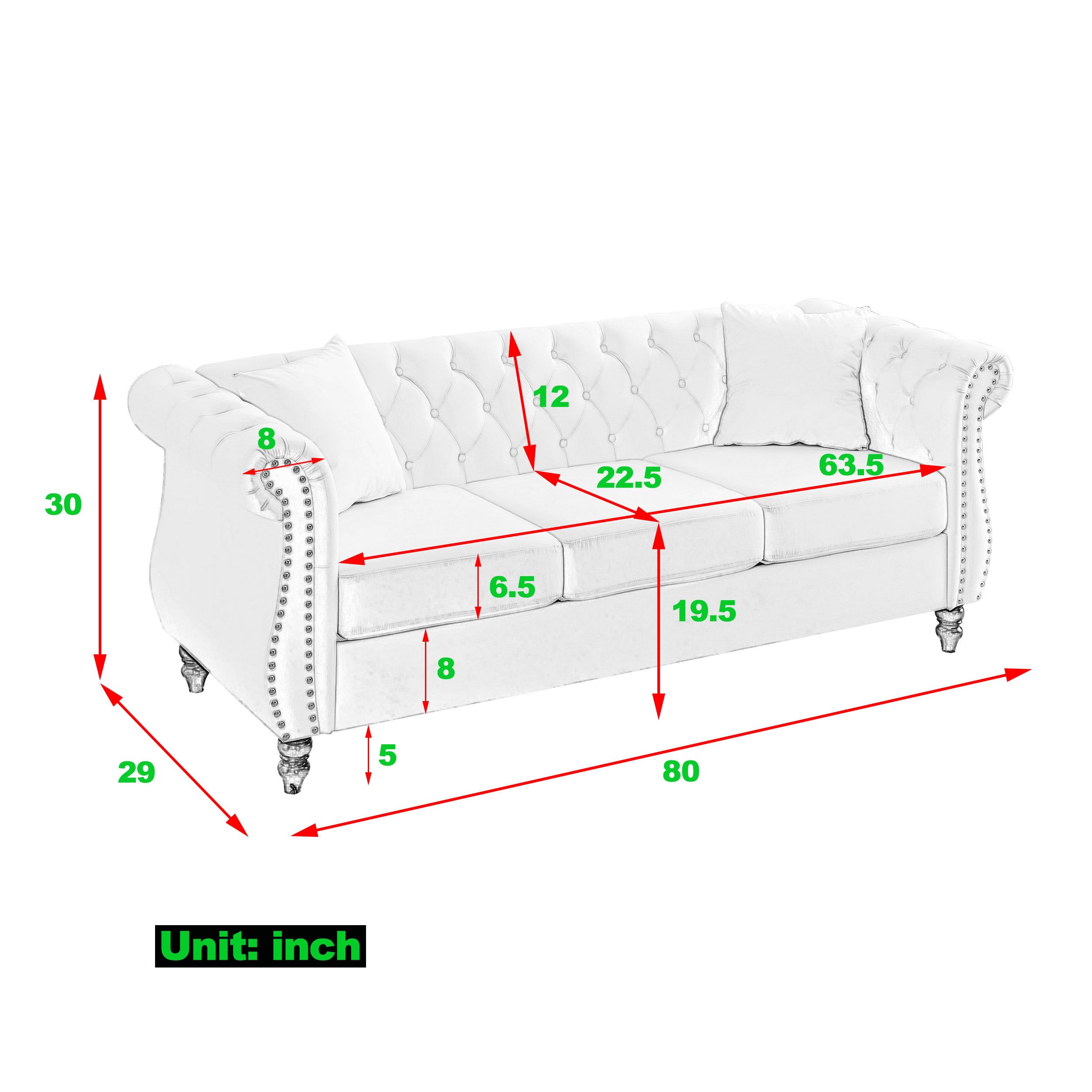 Grey Velvet 3-Seater Chesterfield Sofa with Rolled Arms and Nailhead Trim, Tufted Couch for Living Room, Bedroom, Office, Apartment, Includes Two Pillows - Grand Goldman Shop