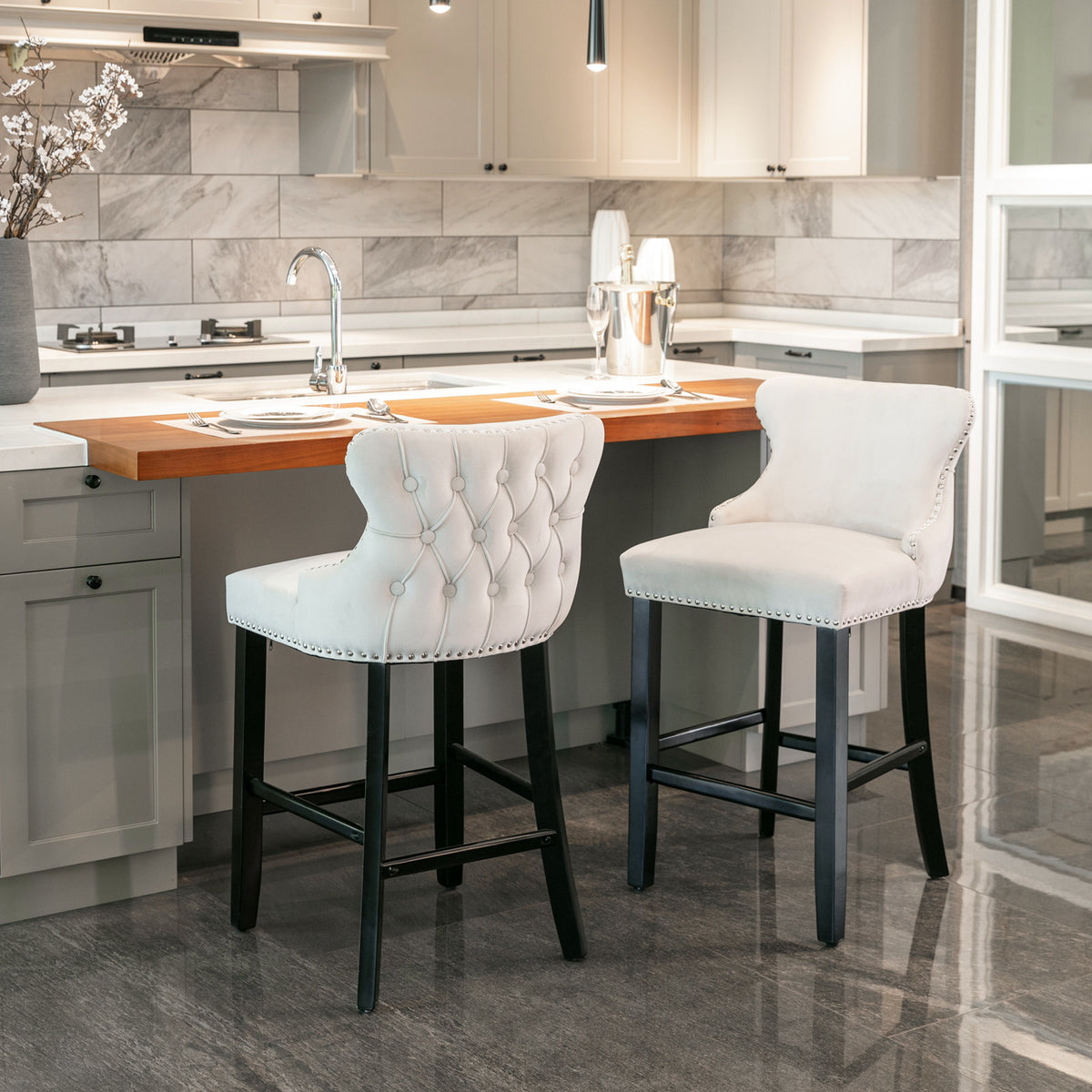 A&A Furniture,Contemporary Velvet Upholstered Wing-Back Barstools with Button Tufted Decoration and Wooden Legs, and Chrome Nailhead Trim, Leisure Style Bar Chairs,Bar stools, Set of 2 (Beige),SW1824B - Grand Goldman Shop