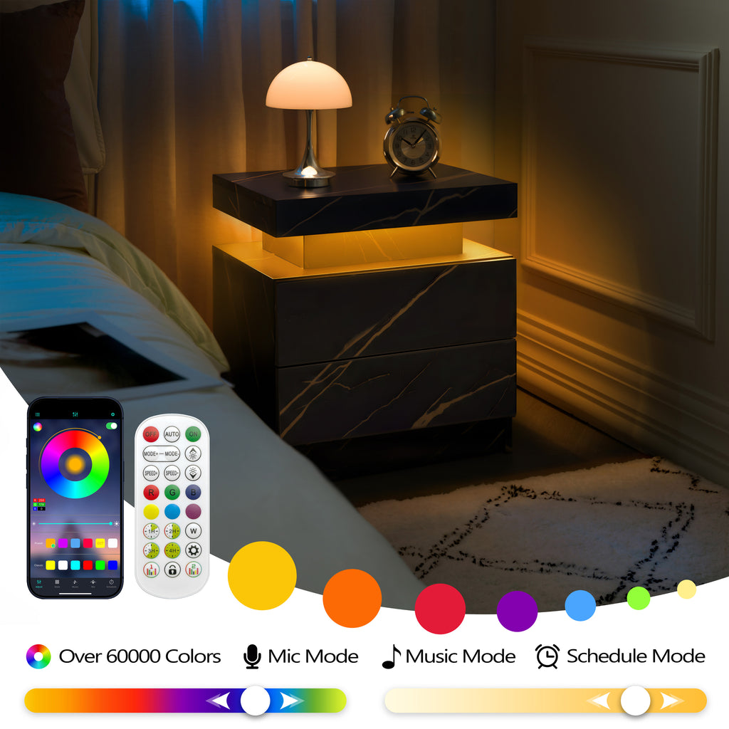 Nightstand LED Bedside Table Cabinet Lights Modern End Side with 2 Drawers for Bedroom (Black Gold) - Grand Goldman Shop
