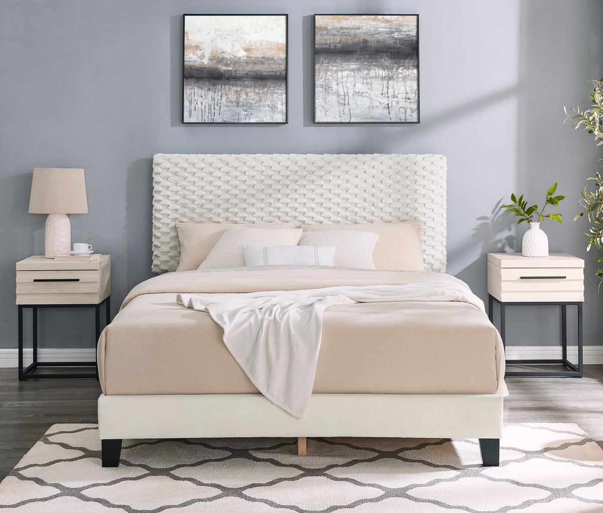 Findlay 3-Piece Bedroom Set, Plush 3D Upholstered Bed with Two Nightstands, Full - Grand Goldman Shop