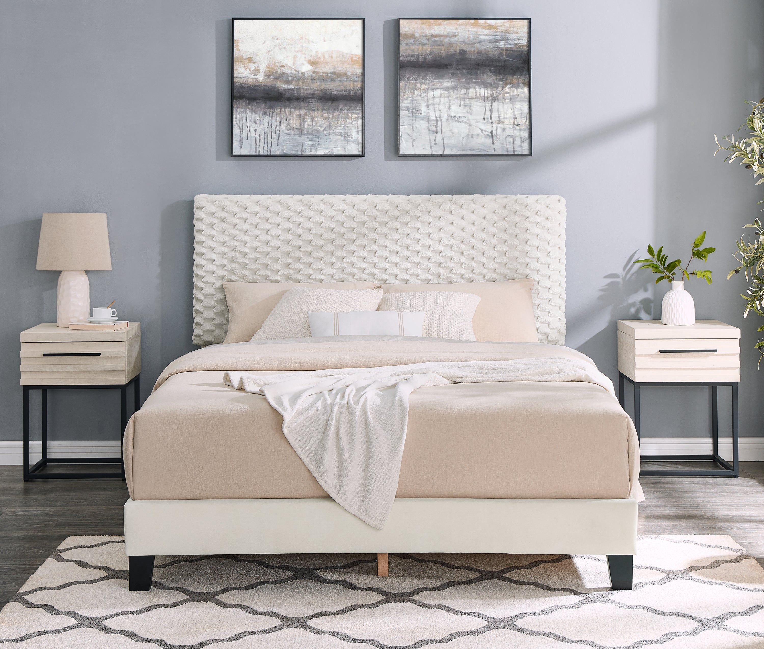 Findlay 3-Piece Bedroom Set, Plush 3D Upholstered Bed with Two Nightstands, Full - Grand Goldman Shop