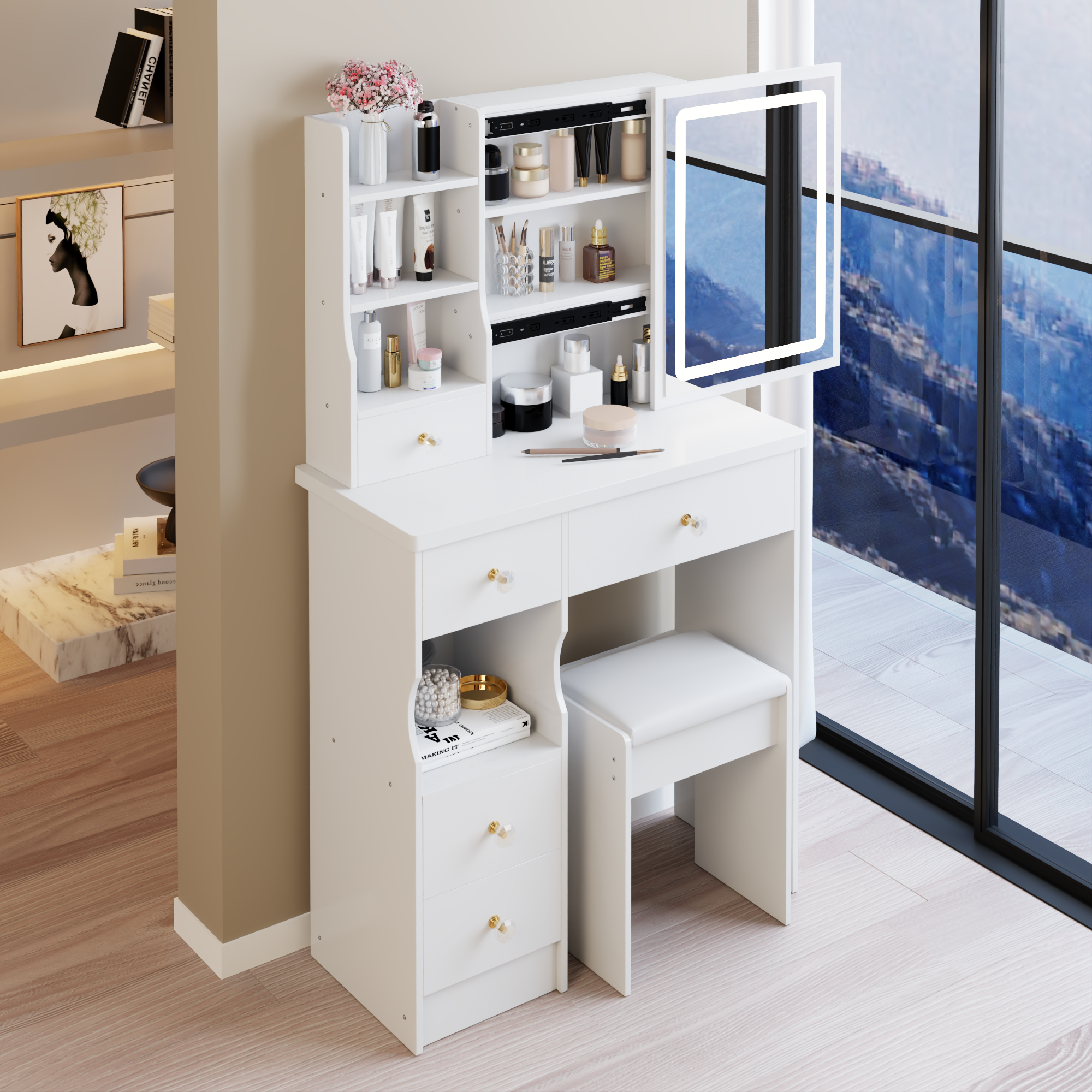 29.2' Small Size Left Drawer Desktop Vanity Table + Cushioned Stool, Large Sliding, Touch Control, Tri-color Switching, Brightness Adjust LED Mirror, High Capacity Storage, Suitable for Small Space - Grand Goldman Shop