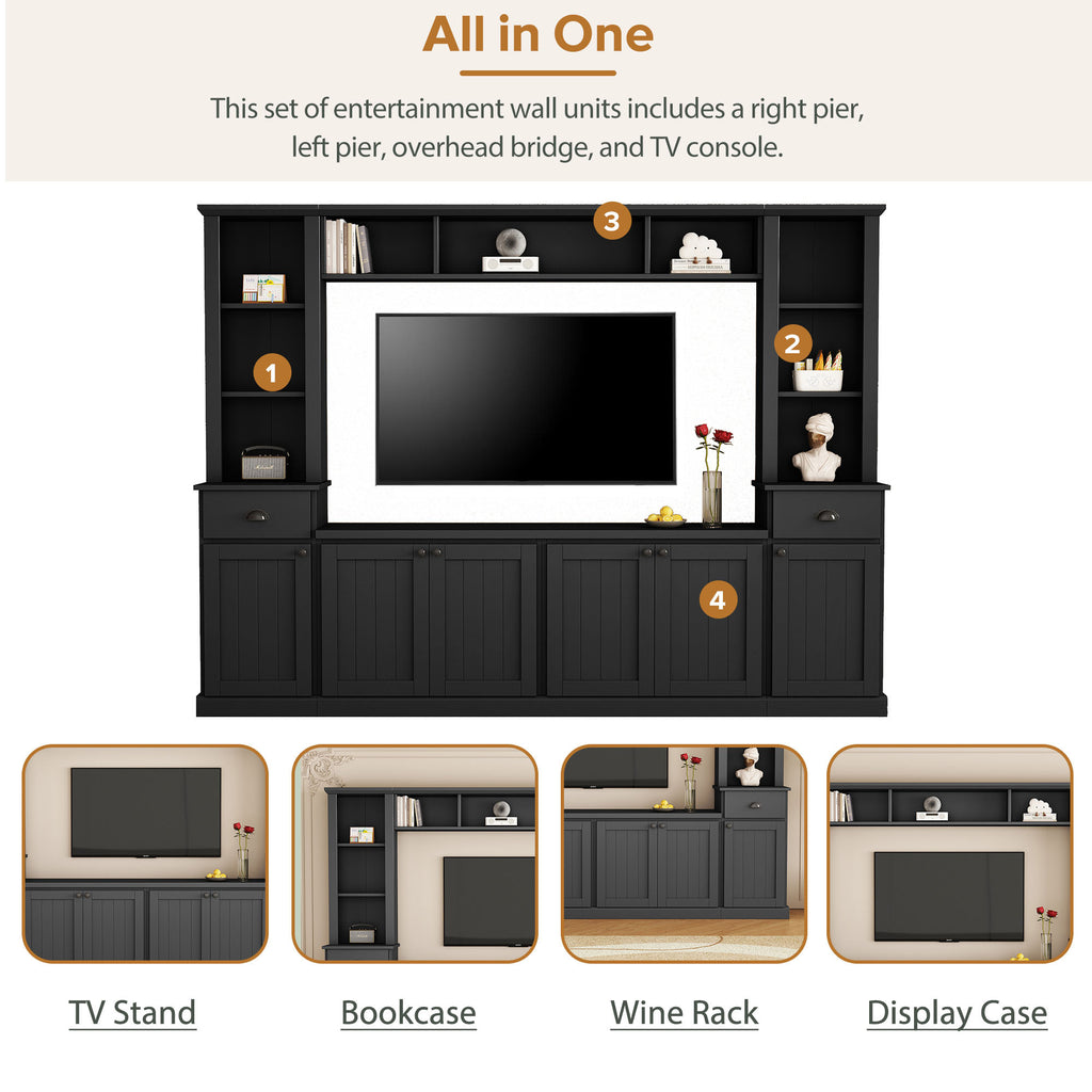 Minimalist Entertainment Wall Unit Set with Bridge for TVs Up to 75'', Ample Storage Space TV Stand with Adjustable Shelves, Modernist Large Media Console for Living Room, Black - Grand Goldman Shop