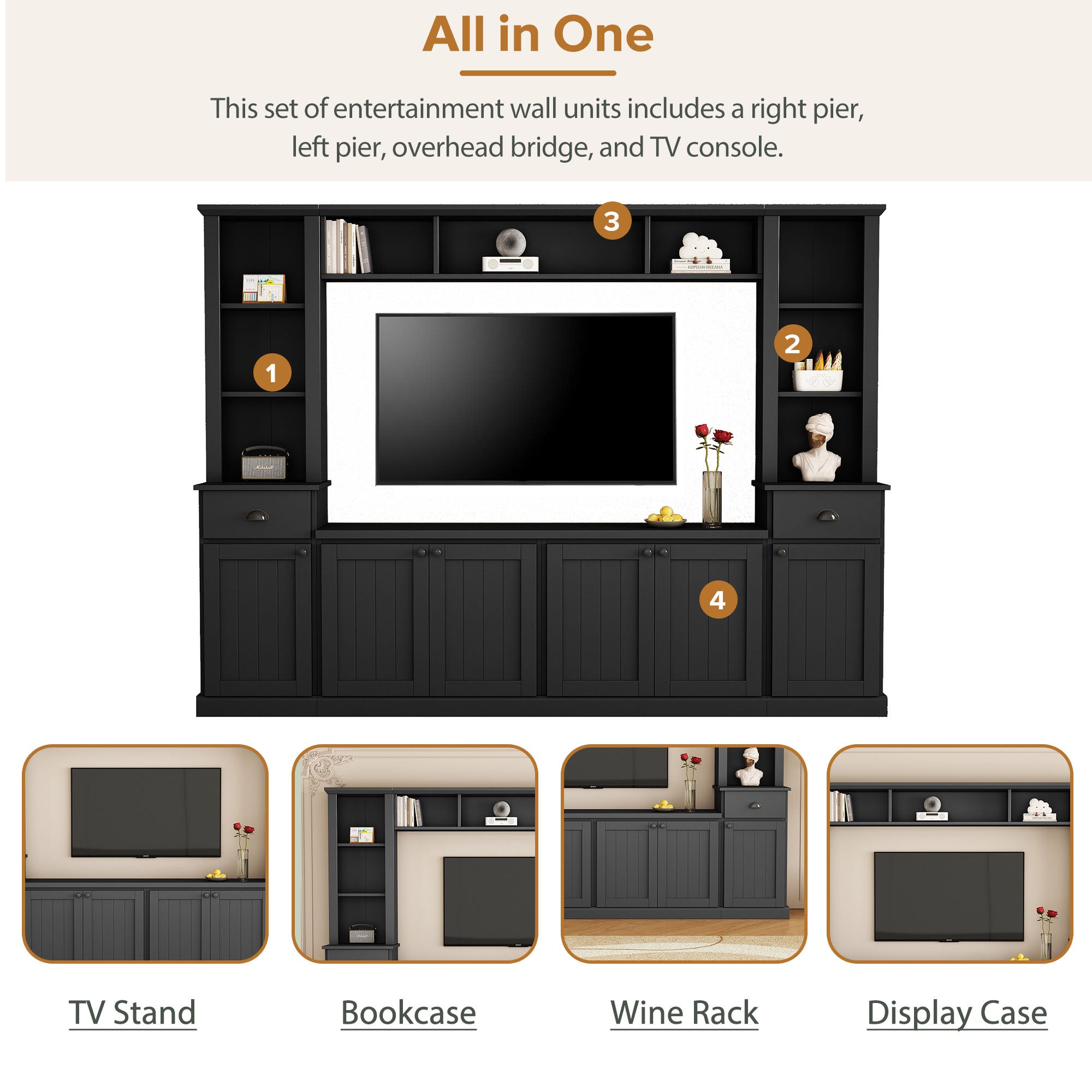 Minimalist Entertainment Wall Unit Set with Bridge for TVs Up to 75'', Ample Storage Space TV Stand with Adjustable Shelves, Modernist Large Media Console for Living Room, Black - Grand Goldman Shop