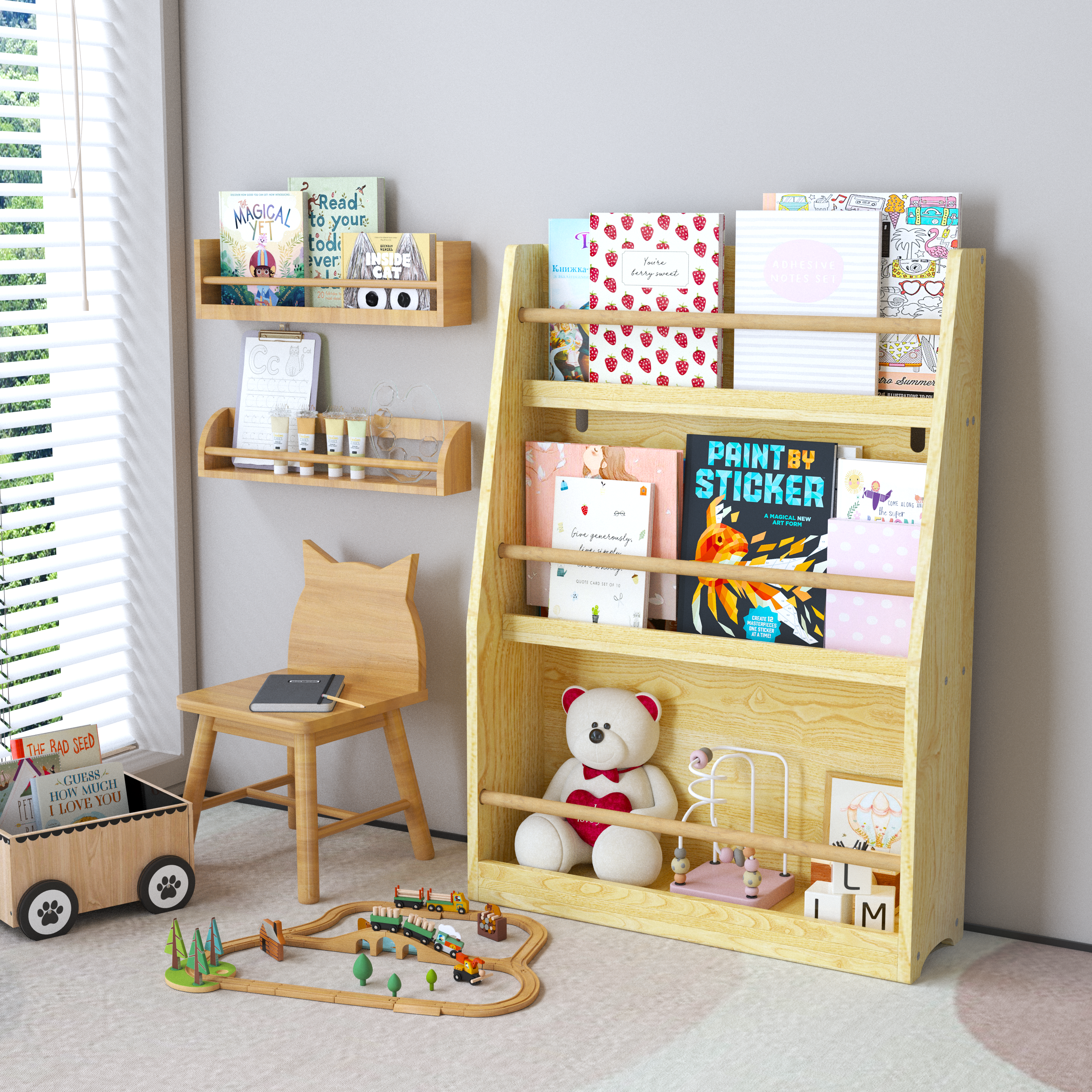 3 Tier Kids Book Shelf, Natural Finish MDF & Pine Wood Storage Rack for Playrooms, Bedrooms, and Classrooms - Grand Goldman