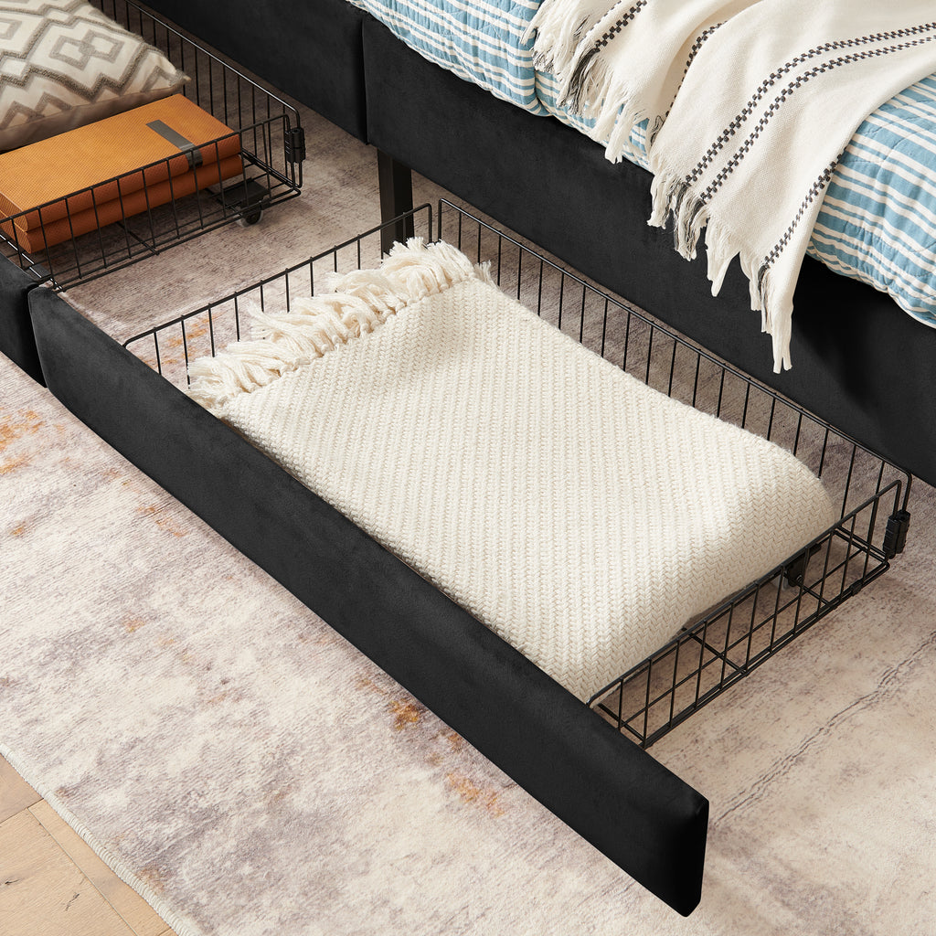 Black Velvet Twin Upholstered Platform Bed Frame with 2 Storage Drawers and Adjustable Sofa Bed - Grand Goldman Shop