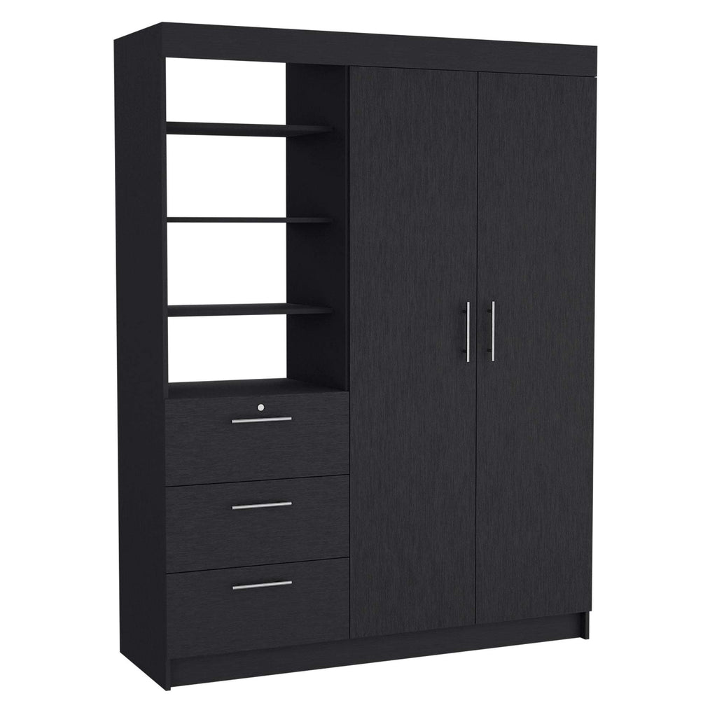 Kenya 3 Drawers Armoire, Double Door, 3-Tier Shelf -Black - Grand Goldman Shop