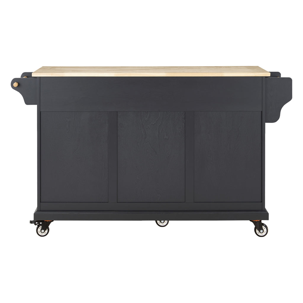 Kitchen Island with Rubber wood Countertop, Kitchen Cart on 5 Wheels with Storage Cabinet and 2 Top Drawers and A center double layered storage drawer for Dinning Room, Black - Grand Goldman Shop