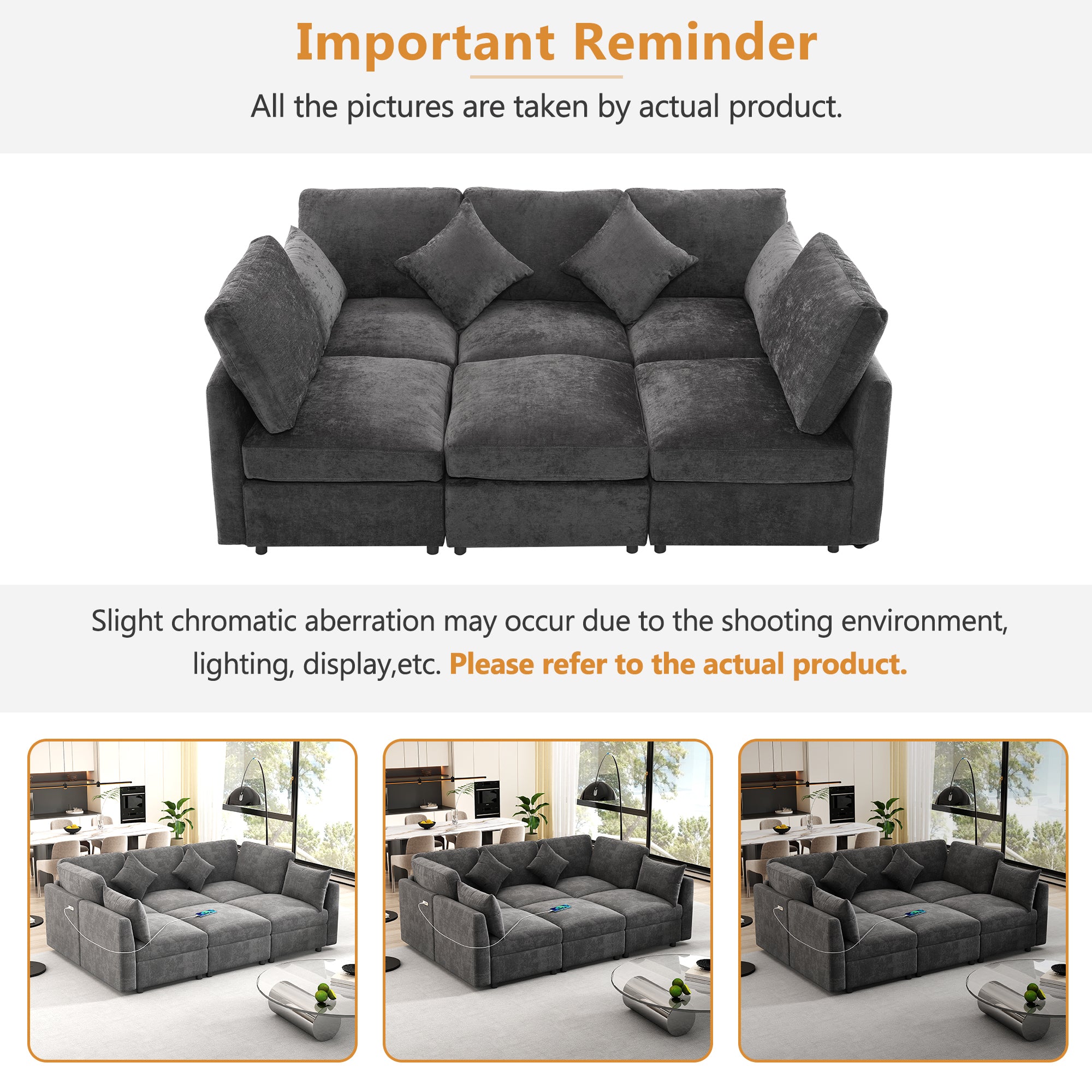 Stylish Modular U-Shaped Sectional Sofa with USB Ports, Black Chenille, 86.6' - Grand Goldman Shop