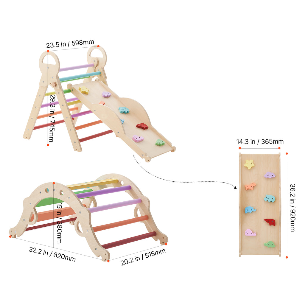 Pikler Triangle Set, 9-in-1 Toddler Climbing Toys Indoor, with 2 Wooden Cars, Cushion, Triangle, Arch, and Ramp, 150 lbs Load