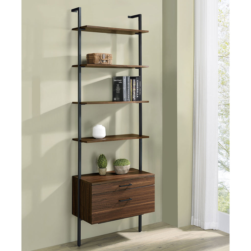 Wendell Walnut 4-Shelf Storage Wall Bookshelf with Drawer - Modern Industrial Style, Walnut Finish, Engineered Wood, 96in H x