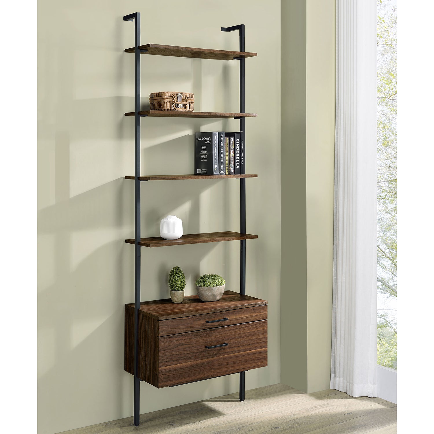 Wendell Walnut 4-Shelf Storage Wall Bookshelf with Drawer - Modern Industrial Style, Walnut Finish, Engineered Wood, 96in H x