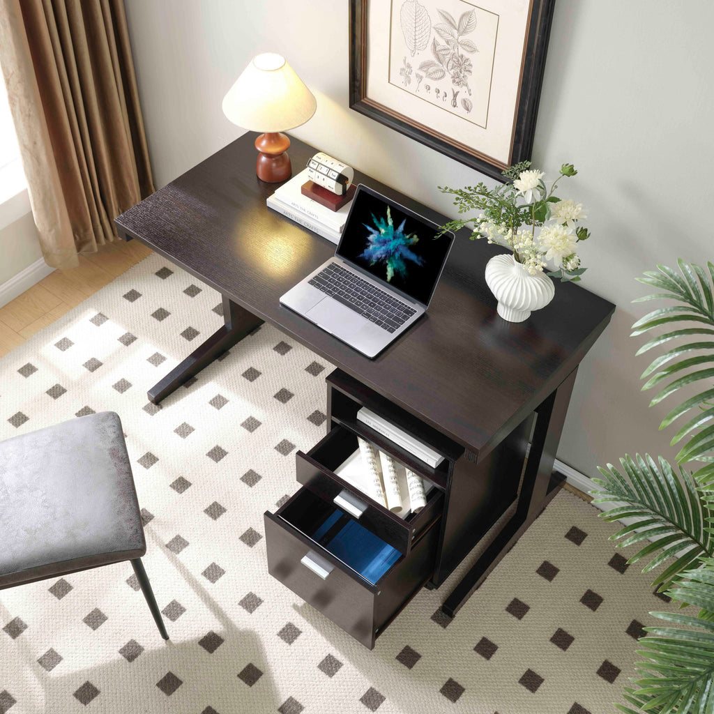 Home office desk with modesty panel and detached file cabinet on locking wheels with two drawers file drawer cubby shelf meta