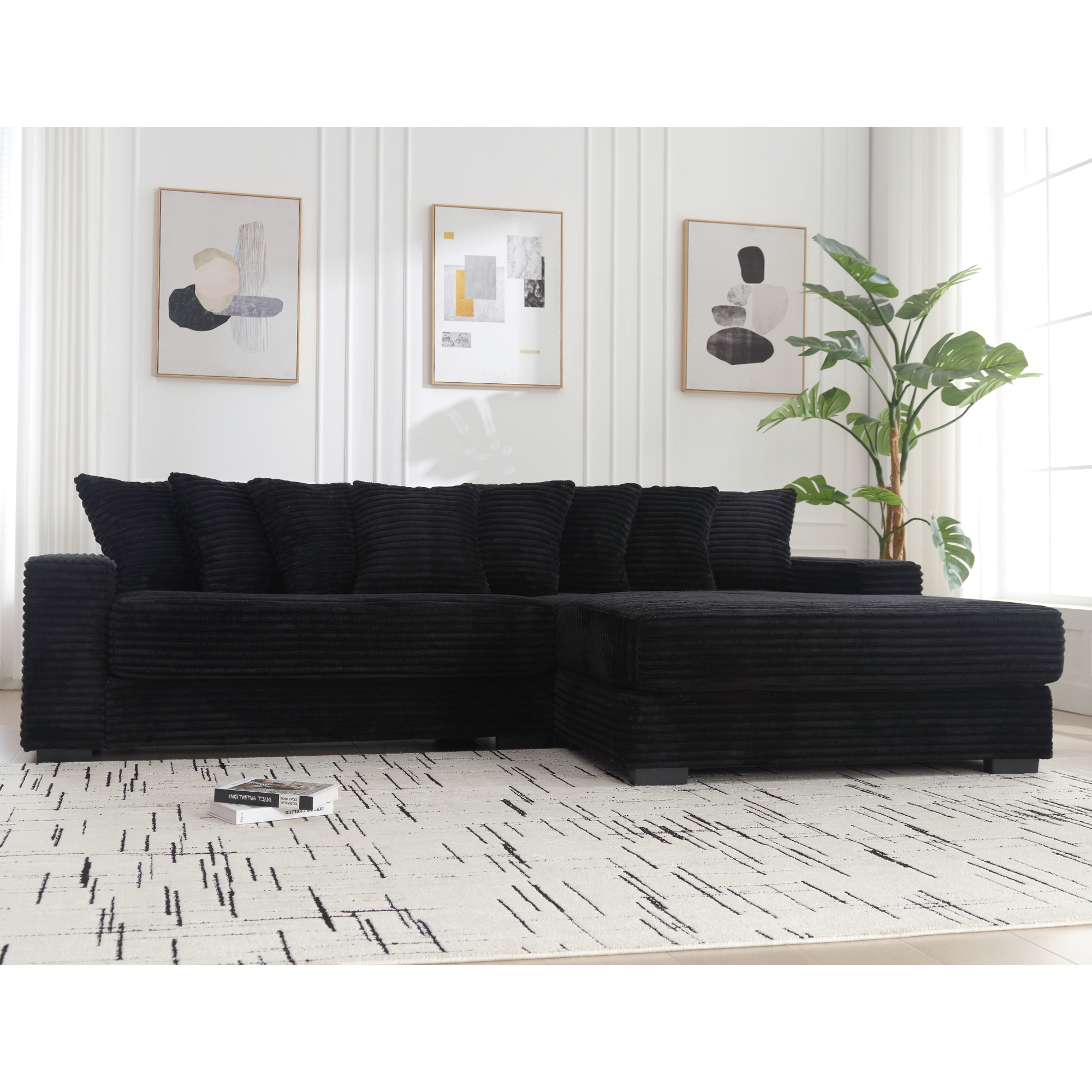 [NEW ARRIVED] [VIDEO PROVIDED] Oversized Two-Piece  Couches,  L Shaped Sofa, Corduroy, Right Chaise Daybed,with Armrests,Eight Throw Pillows,Corner Sofa,Easy To Assemble,  Black - Grand Goldman Shop