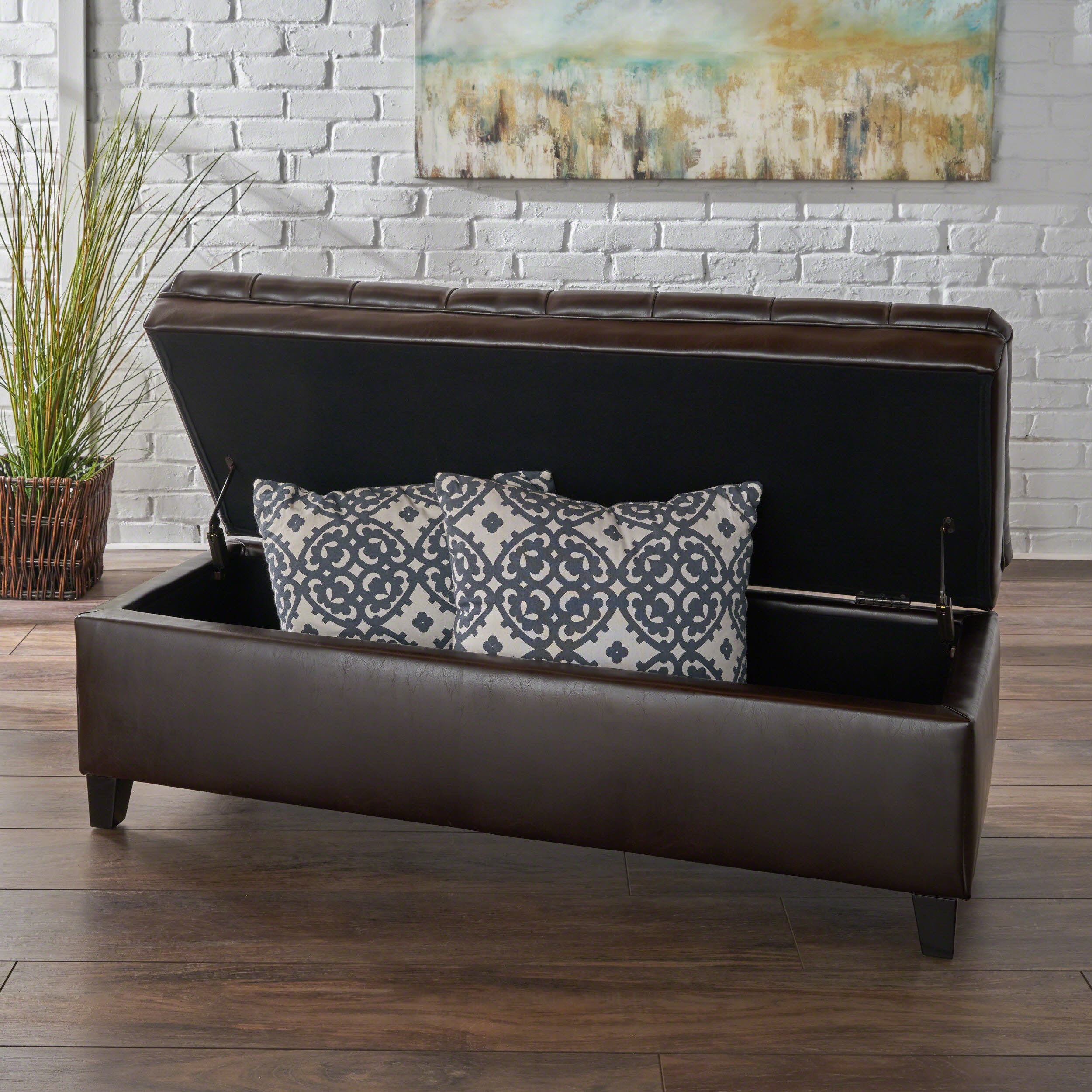 Cancia 50' Wide Faux Leather Tufted Rectangle Storage Ottoman Brown PU - Grand Goldman Shop