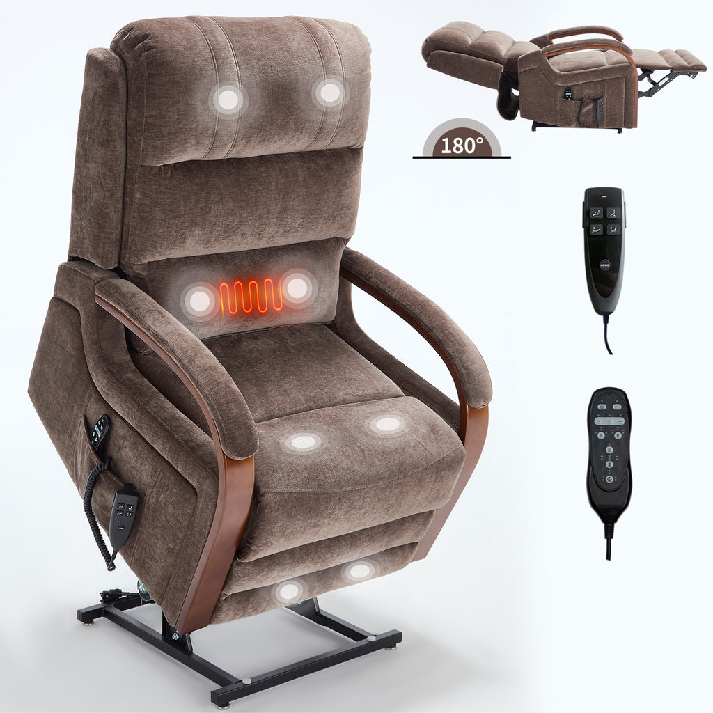 Power Brown Chenille Lift Recliner Chair Dual Motor Infinite Position Up to 350 LBS with Solid Wood Armrests, Heat Massage and Heavy Duty Motion Mechanism - Grand Goldman Shop