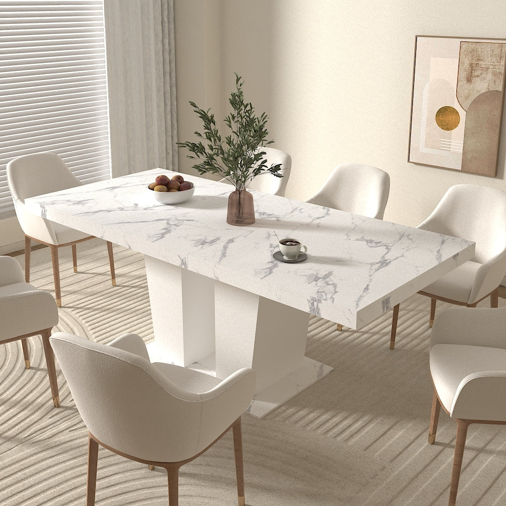 Extendable Dining Room Table for 6-10 Modern White Faux Marble Wooden Expandable Kitchen Table w/Dual Column Pedestal Base, Large Rectangle Dining Table - Grand Goldman Shop