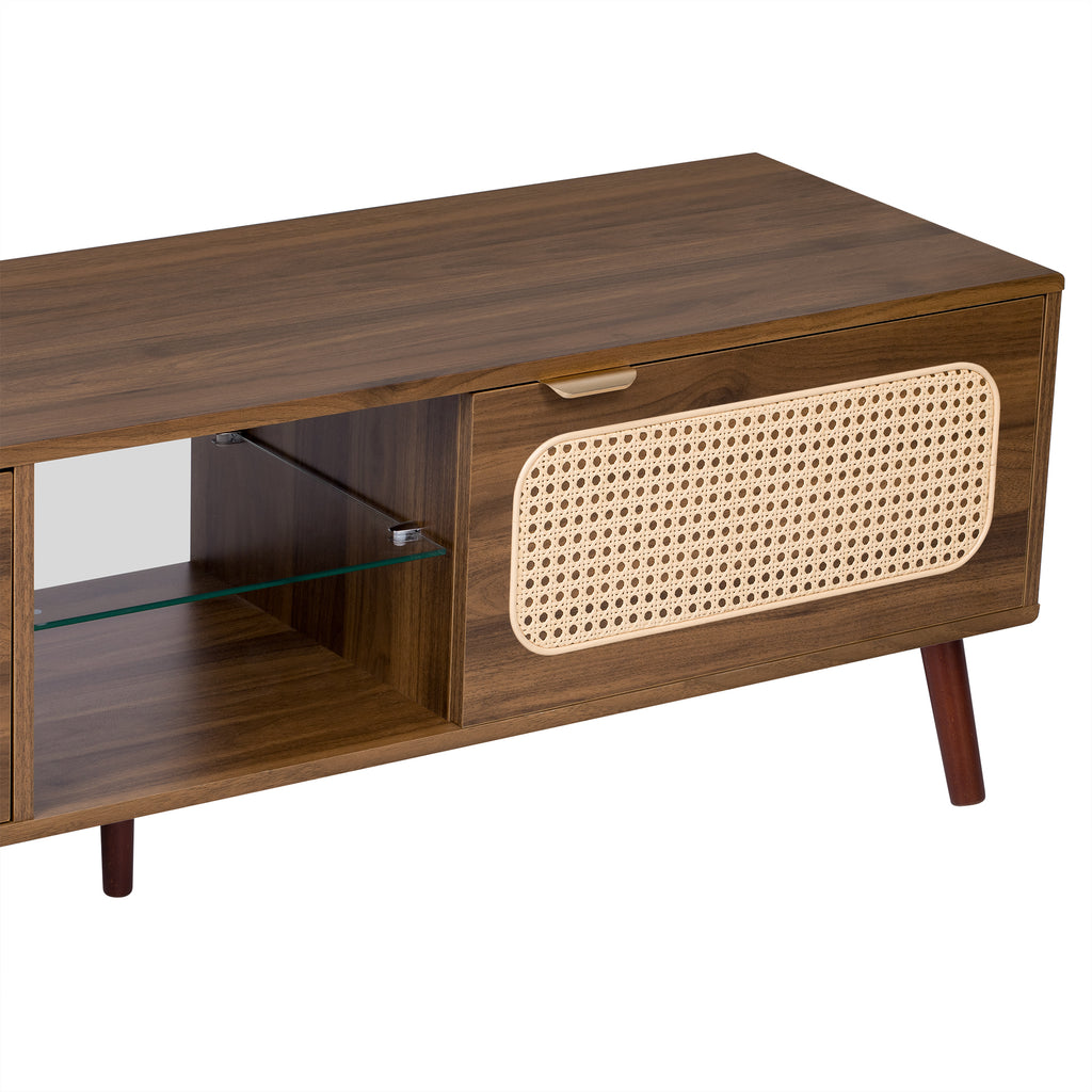78' TV Stand for 75/80/85 inch TV with Walnut Finish, Ample Storage and Open Shelving in Solid Wood and Glass - Grand Goldman Shop
