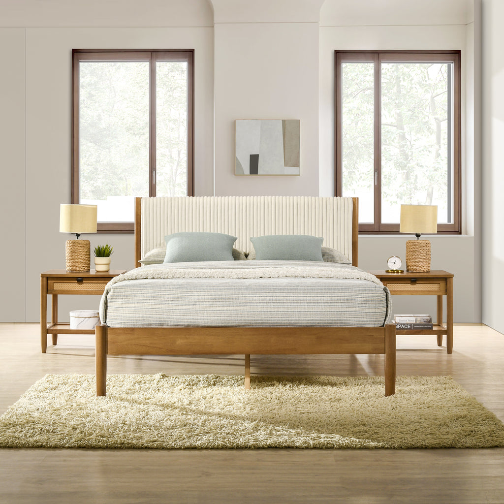 Vichy 3-Piece Rubberwood Corduroy Bedroom Set, Platform Bed with Two Nightstands, Queen - Grand Goldman Shop