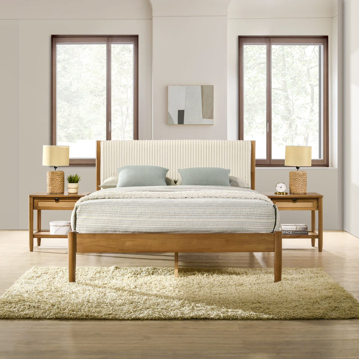 Vichy 3-Piece Rubberwood Corduroy Bedroom Set, Platform Bed with Two Nightstands, Queen - Grand Goldman Shop