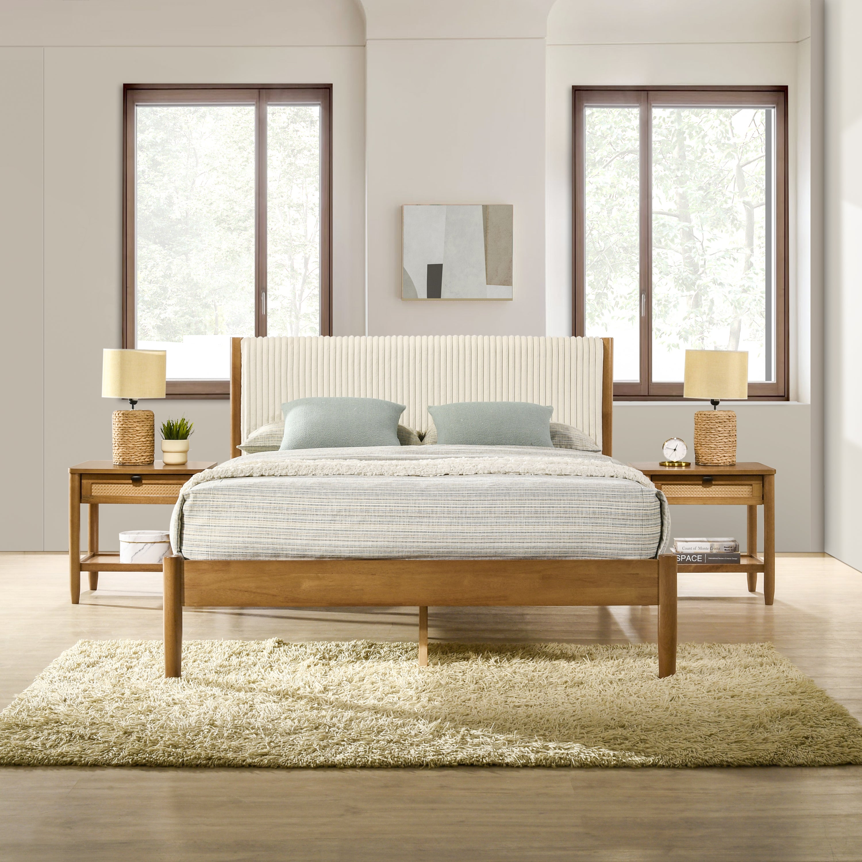Vichy 3-Piece Rubberwood Corduroy Bedroom Set, Platform Bed with Two Nightstands, Queen - Grand Goldman Shop