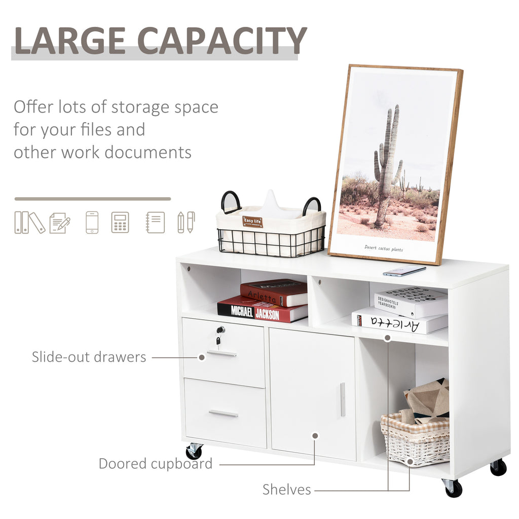 HOMCOM Printer Stand Home Office Mobile Cabinet Organizer Desktop with Caster Wheels, 2 Locking Breaks and Drawer, White - Gr