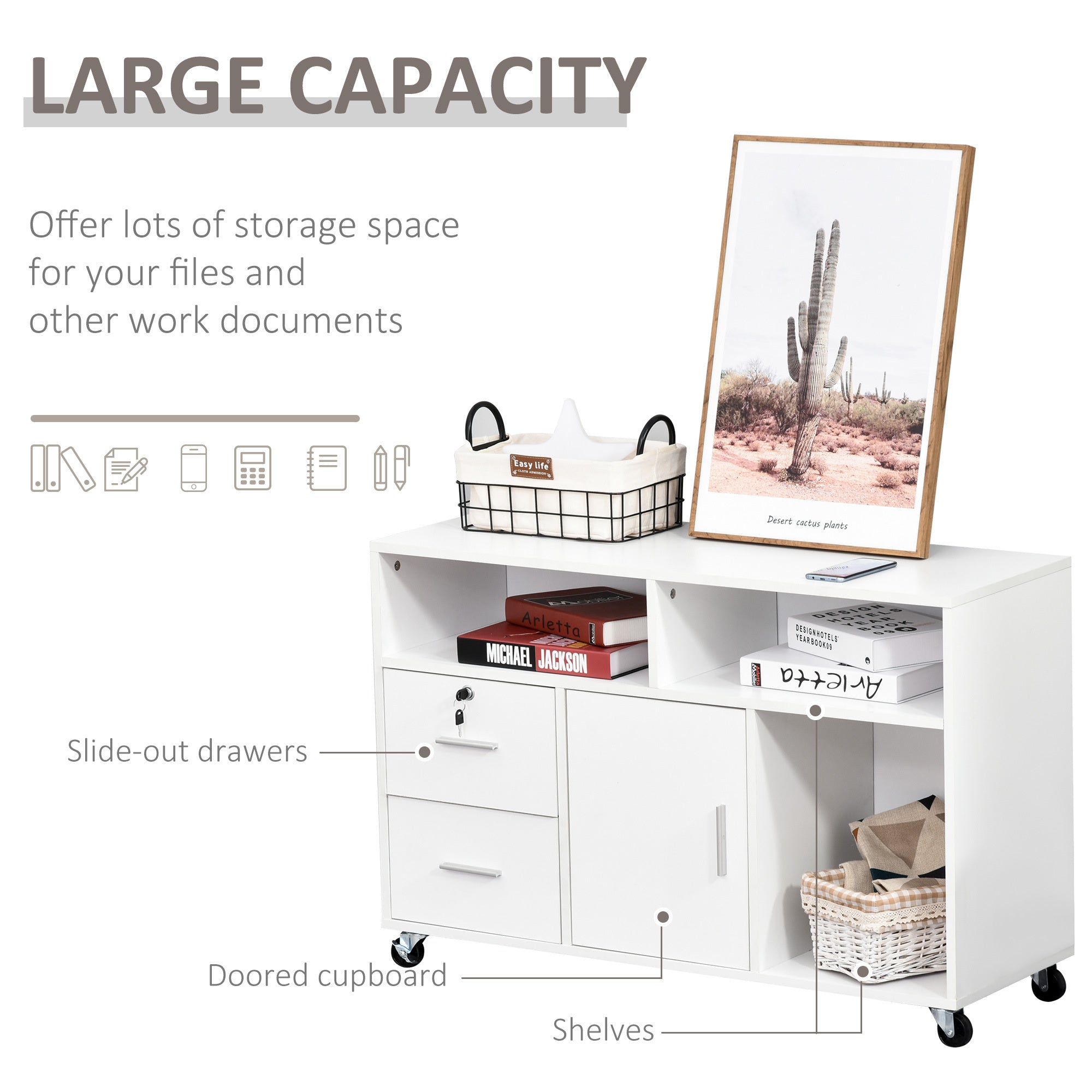 HOMCOM Printer Stand Home Office Mobile Cabinet Organizer Desktop with Caster Wheels, 2 Locking Breaks and Drawer, White - Gr