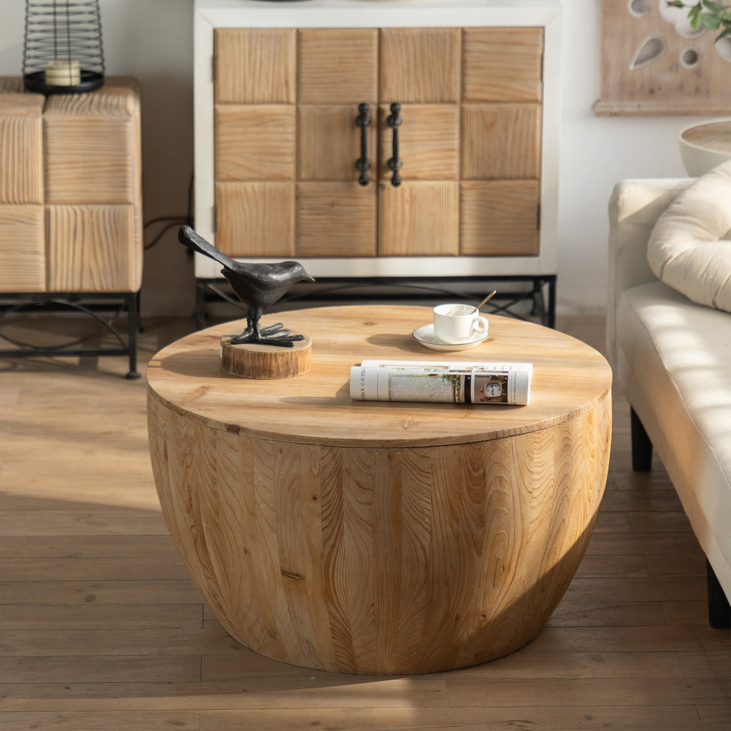 Vintage Style Barrel Coffee Table with Storage in Natural Finish, Solid Wood and MDF, 31.50' Diameter for Living Room, Dining Room, Office - Grand Goldman Shop