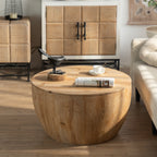 Vintage Style Barrel Coffee Table with Storage in Natural Finish, Solid Wood and MDF, 31.50' Diameter for Living Room, Dining Room, Office - Grand Goldman Shop