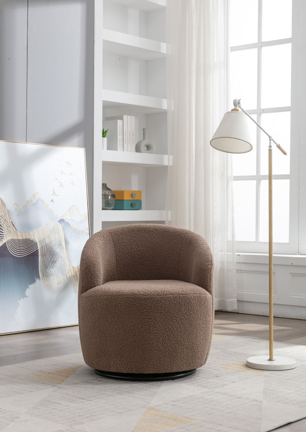 Teddy Fabric Swivel Accent Armchair Barrel Chair With Black Powder Coating Metal Ring,Coffee Brown - Grand Goldman Shop