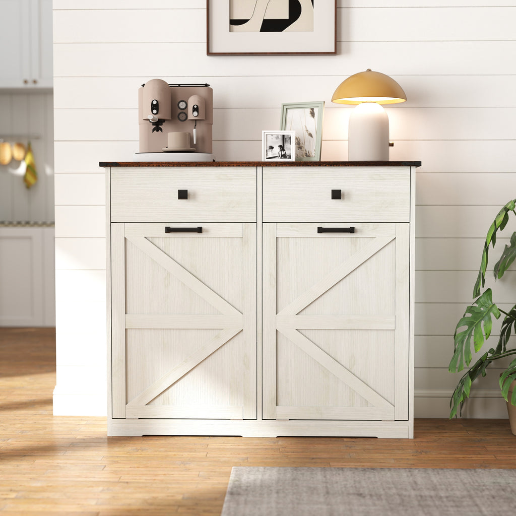 Farmhouse Barn Door Style Double Tilt Out Trash Cabinet for 20 Gallon Cans with Free Standing Recycling and Laundry Storage, Antique White & Brown Woodgrain - Grand Goldman Shop