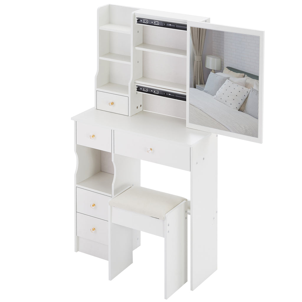 29.2' Small Space Left Drawer Desktop Vanity Table + Cushioned Stool, Extra Large Right sliding mirror, Multi Layer High Capacity Storage, Practical Fashionable Dresser, Suitable For Small Space - Grand Goldman Shop