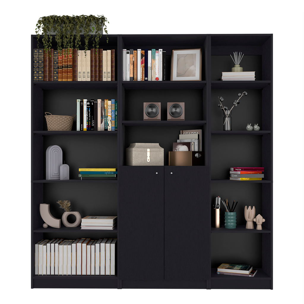 Poston 3 Piece Home Bookcase set, 67' Wide with 13 Shelves and Two-Door Cabinet ,  Living Room Set Set  Black | Premium Home 