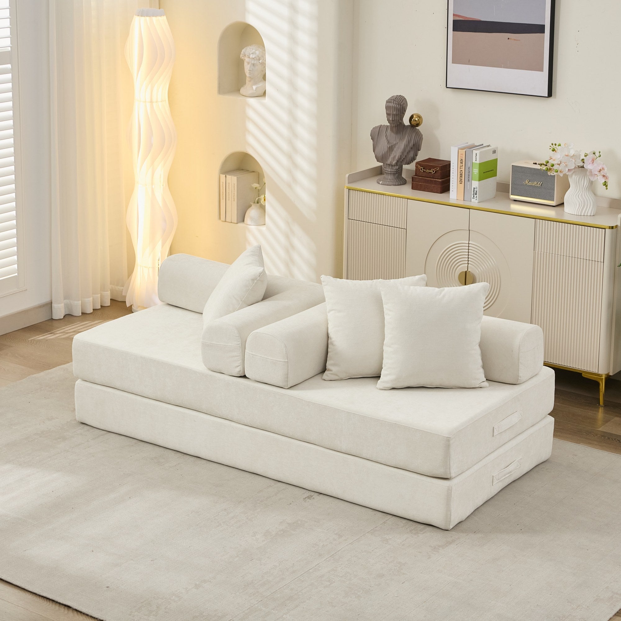 Comfy Convertible Folding Mattress Couch, Floor Sofa Bed, Chenille Floor Sofa with Armrest, Floor Sofa Lounge Couch for Living Room Bedroom Lounge Studio-Beige - Grand Goldman Shop