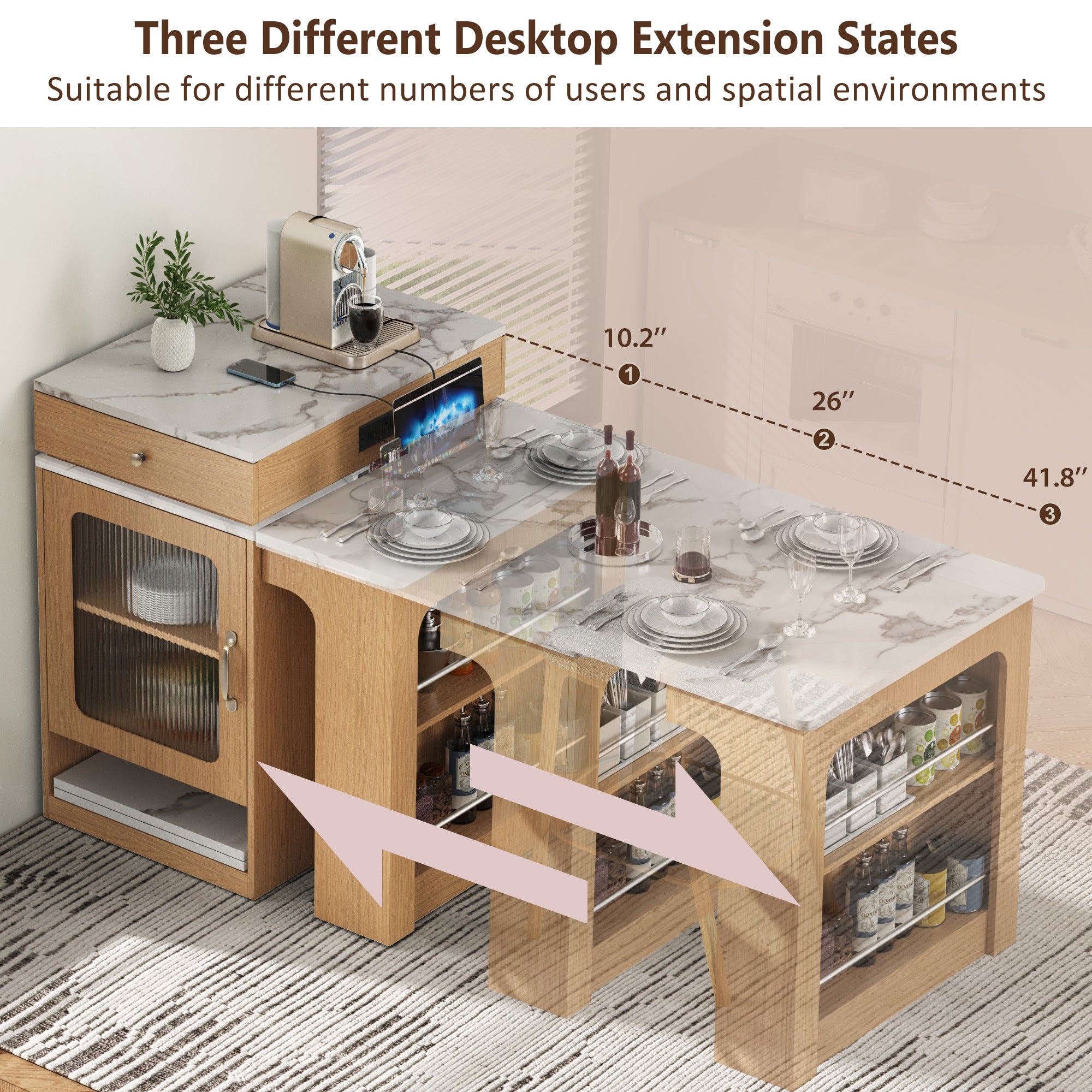 K&K 59.5'Kitchen Island with Extendable Dining Table, Kitchen Storage Table with Double-sided Storage, Kitchen Island with 2 Drawers, Power Outlet, Side Open Shelves, for Kitchen, Dining Room, Natural - Grand Goldman Shop