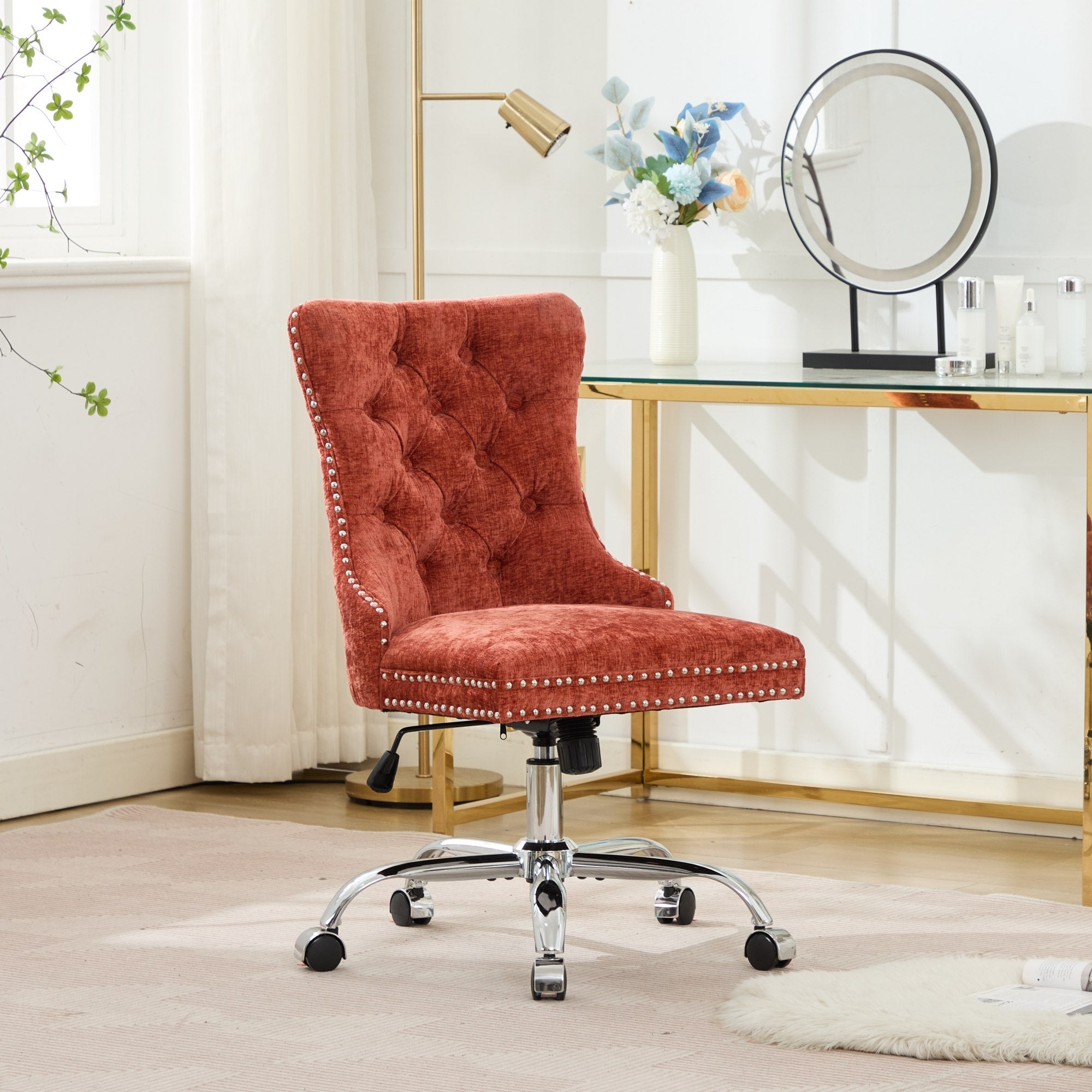 A&A Furniture Office Chair,Modern Chenille Upholstered Tufted Button Home Office Chair with Chrome Metal Base,Adjustable Desk