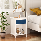Navy+Golden Handle Wooden Nightstand with One Drawer One Shelf for Kids and Adults, White+Navy Finish, MDF Material, 26.77''H - Grand Goldman Shop