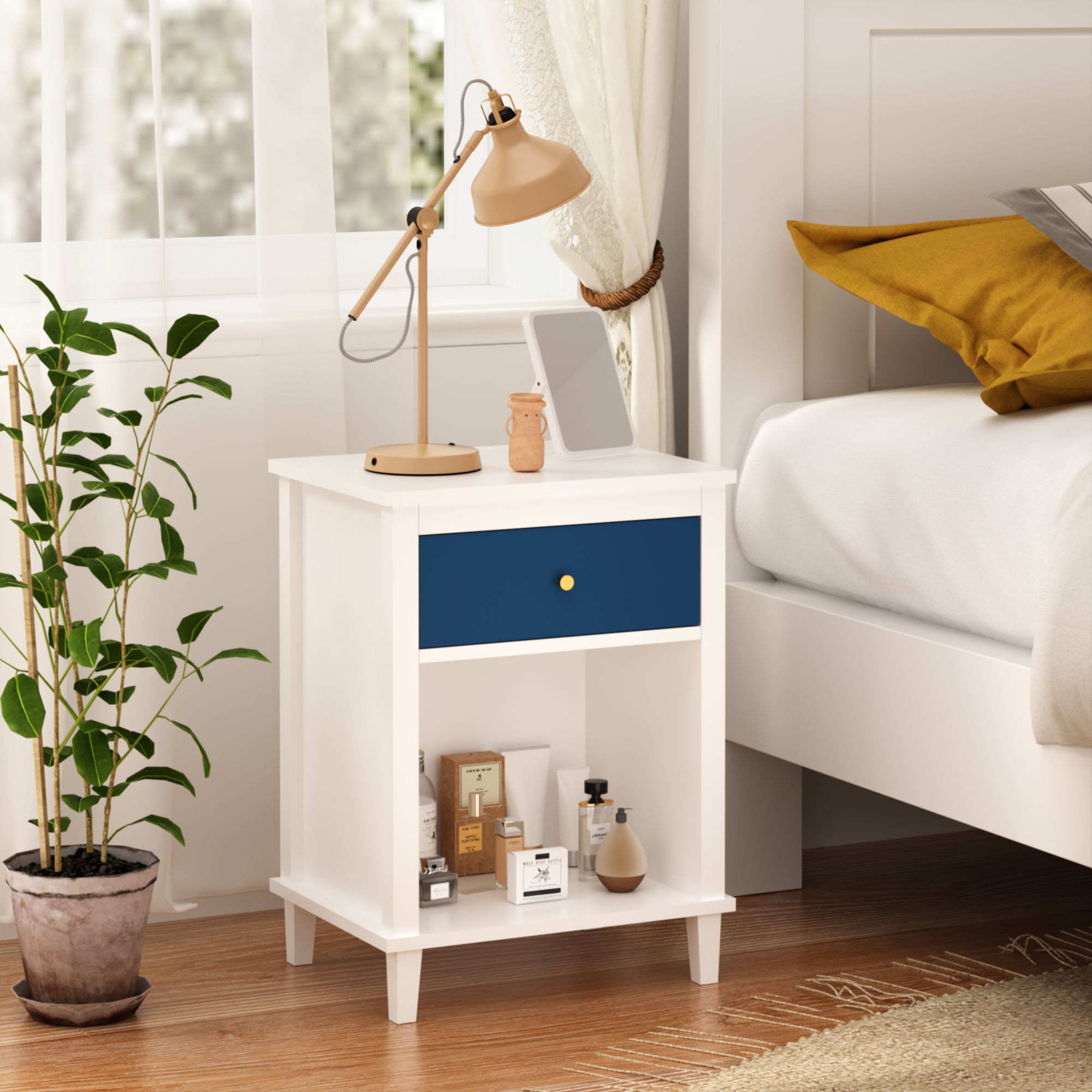 Navy+Golden Handle Wooden Nightstand with One Drawer One Shelf for Kids and Adults, White+Navy Finish, MDF Material, 26.77''H - Grand Goldman Shop