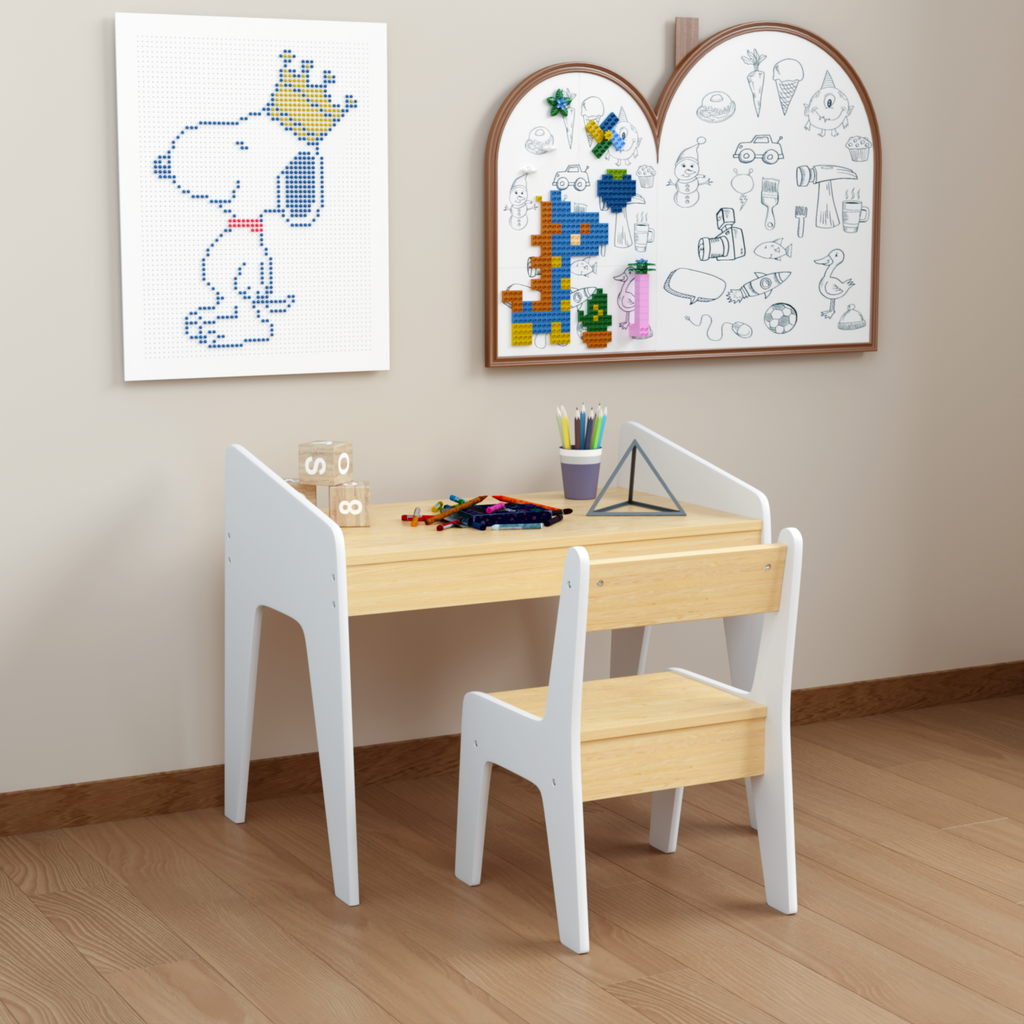 Kids Table Set with One Chair, Wooden Children Study Table, 2-8  Age Kids Funiture , White+Natural | Premium Home Decor - Gra