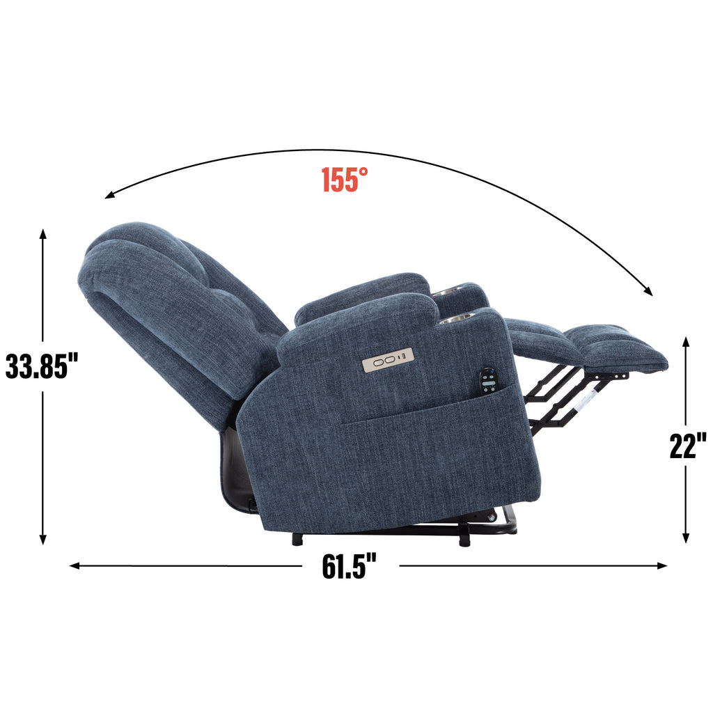 Power Lift Recliner Chair with Massage and Heat for Elderly, Overstuffed Wide Recliners, Heavy Duty Motion Mechanism with USB and Type C Ports, 2 Steel Cup Holders, Blue - Grand Goldman Shop