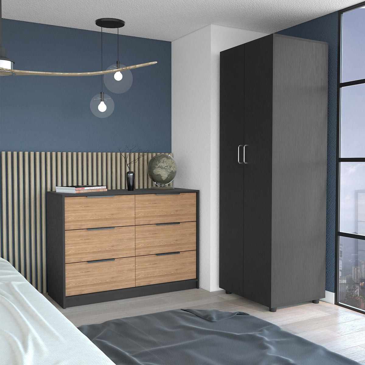 2 Piece Bedroom Set, London Armoire + Egeo 4 Drawer Dresser, Black / Pine - Grand Goldman Shop
